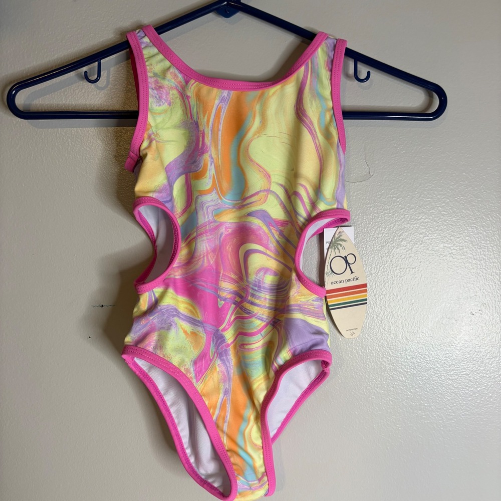 Ocean Pacific Girls 4 Pink Marble‎ Cut Out One Piece Swimsuit with Mesh Skirt